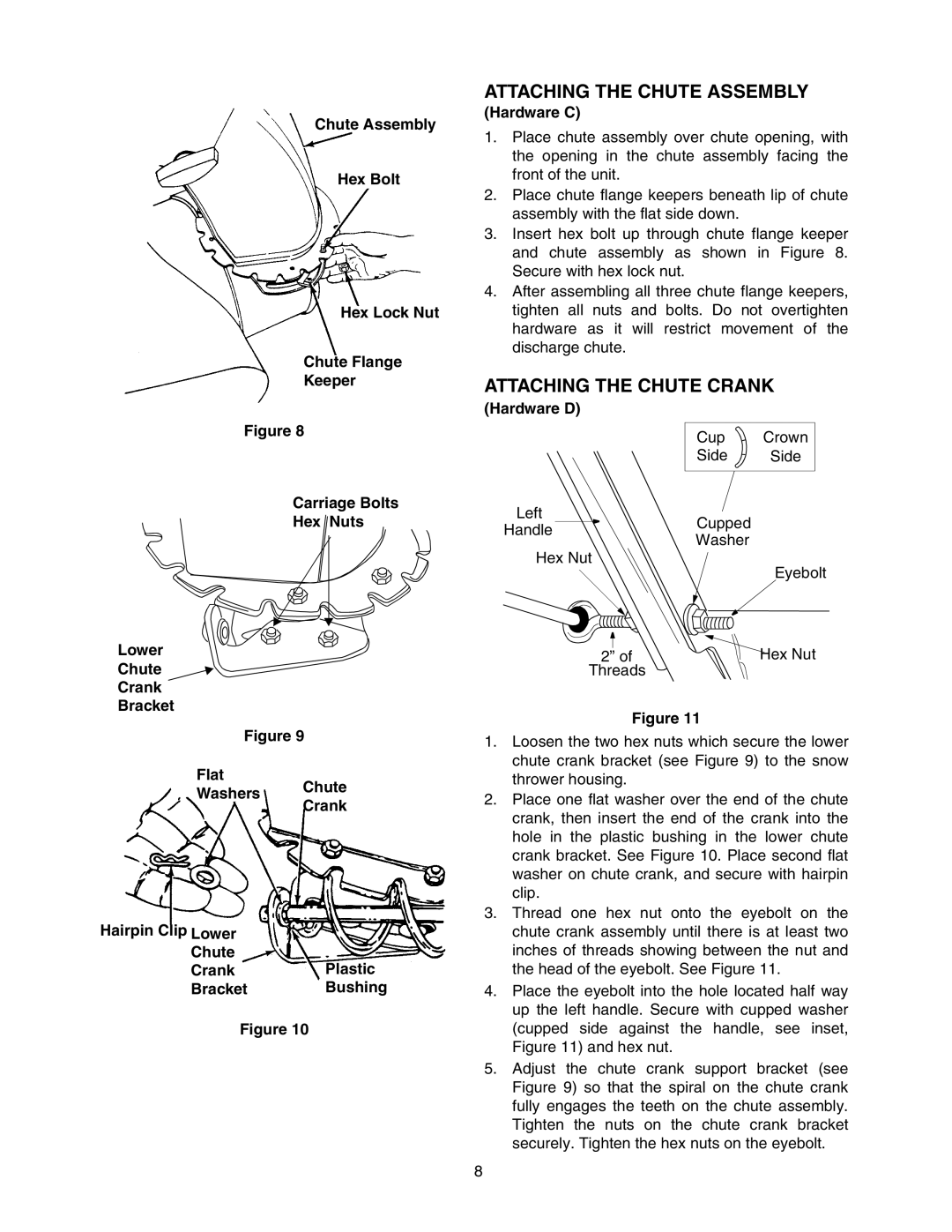 MTD E762F manual Attaching the Chute Assembly, Attaching the Chute Crank, Hardware C, Hardware D 