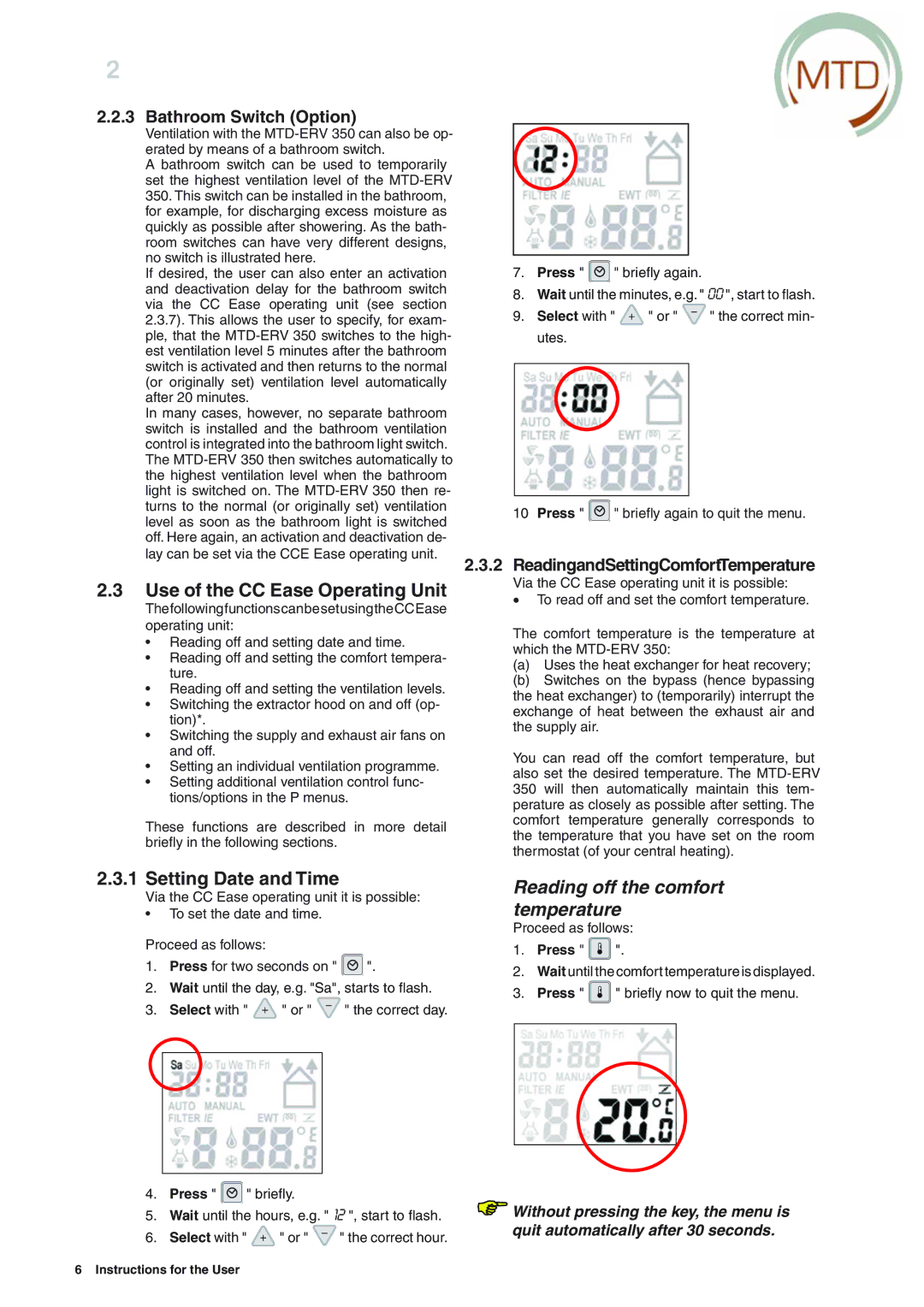 MTD ERV 365, ERV 350 manual Use of the CC Ease Operating Unit, Setting Date and Time, Reading off the comfort temperature 