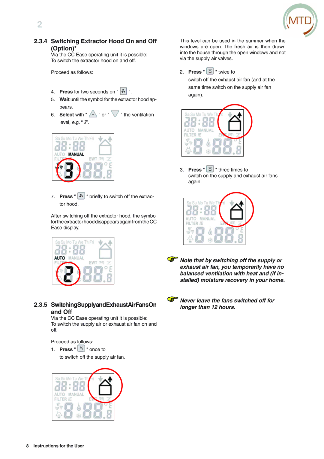 MTD ERV 365, ERV 350 manual Switching Extractor Hood On and Off Option, SwitchingSupplyandExhaustAirFansOn and Off 