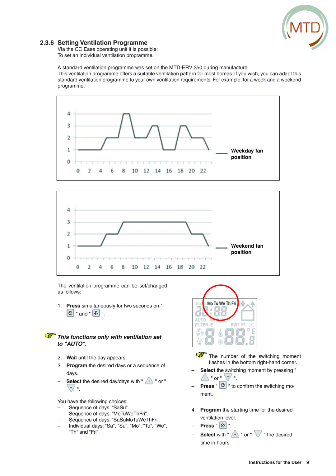 MTD ERV 350, ERV 365 manual Setting Ventilation Programme, Weekday fan position Weekend fan position 