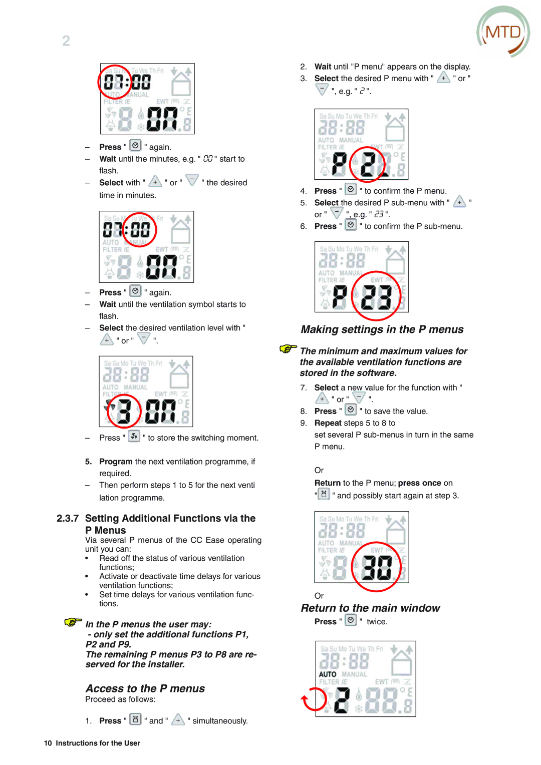 MTD ERV 365, ERV 350 manual Access to the P menus, Making settings in the P menus, Return to the main window 