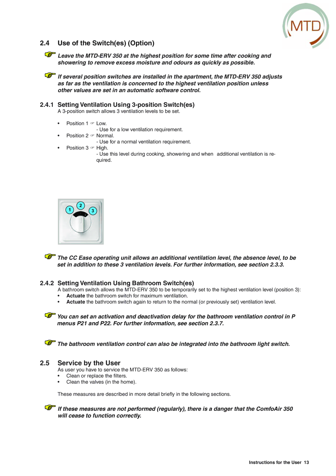 MTD ERV 350, ERV 365 manual Use of the Switches Option, Service by the User, Setting Ventilation Using 3-position Switches 