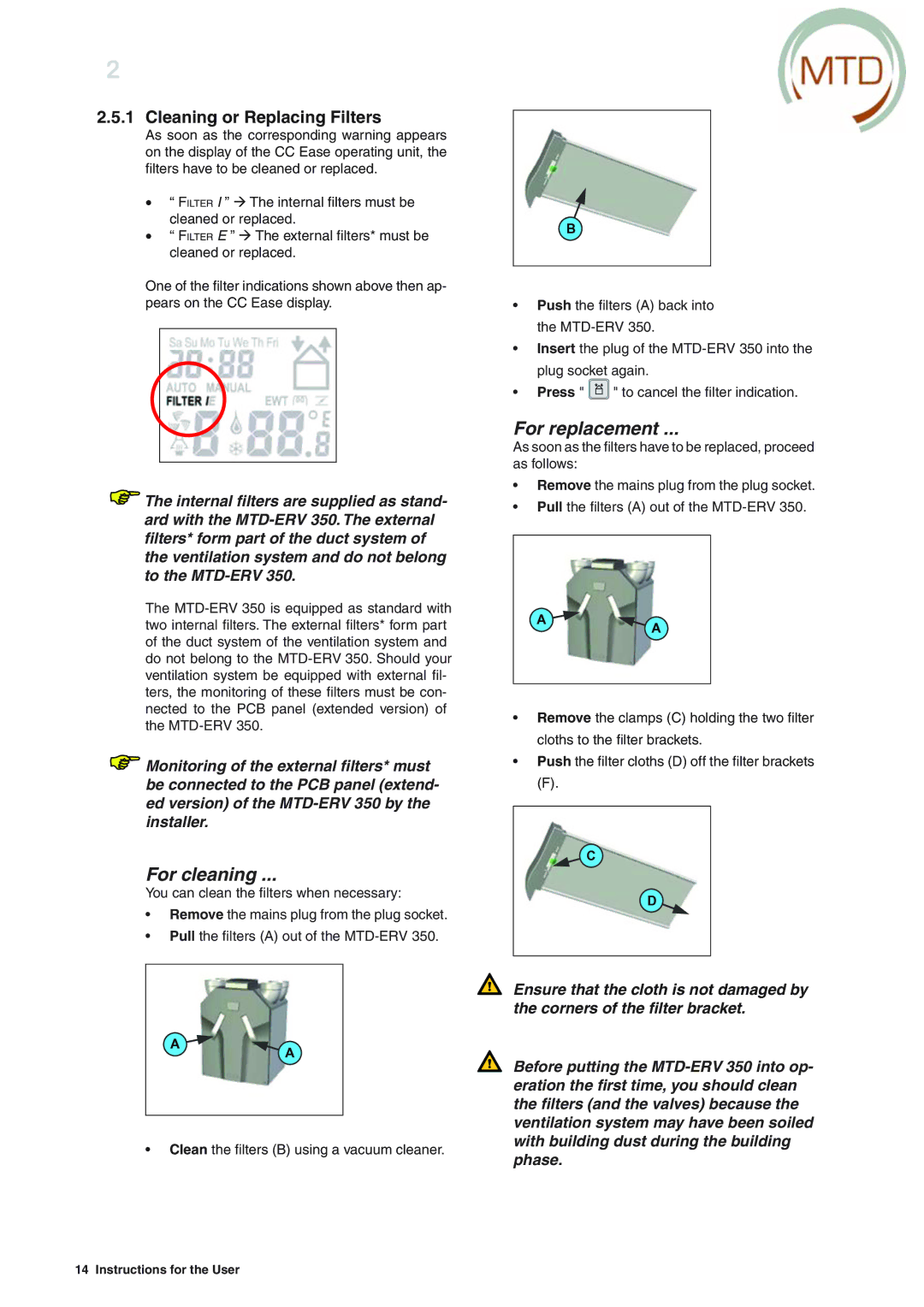 MTD ERV 365, ERV 350 manual For cleaning, For replacement, Cleaning or Replacing Filters 