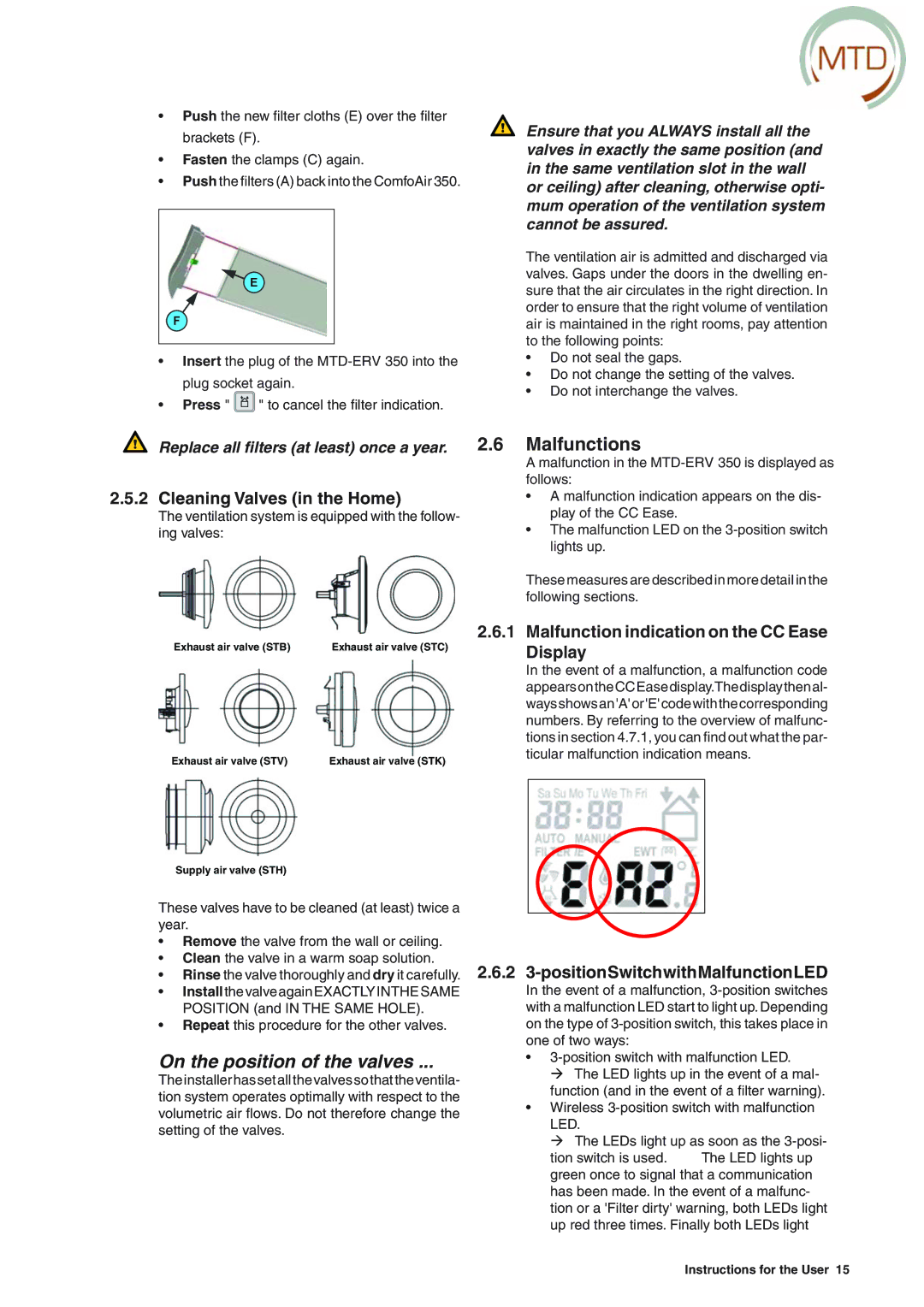 MTD ERV 350 On the position of the valves, Malfunctions, Cleaning Valves in the Home, 2 3-positionSwitchwithMalfunctionLED 