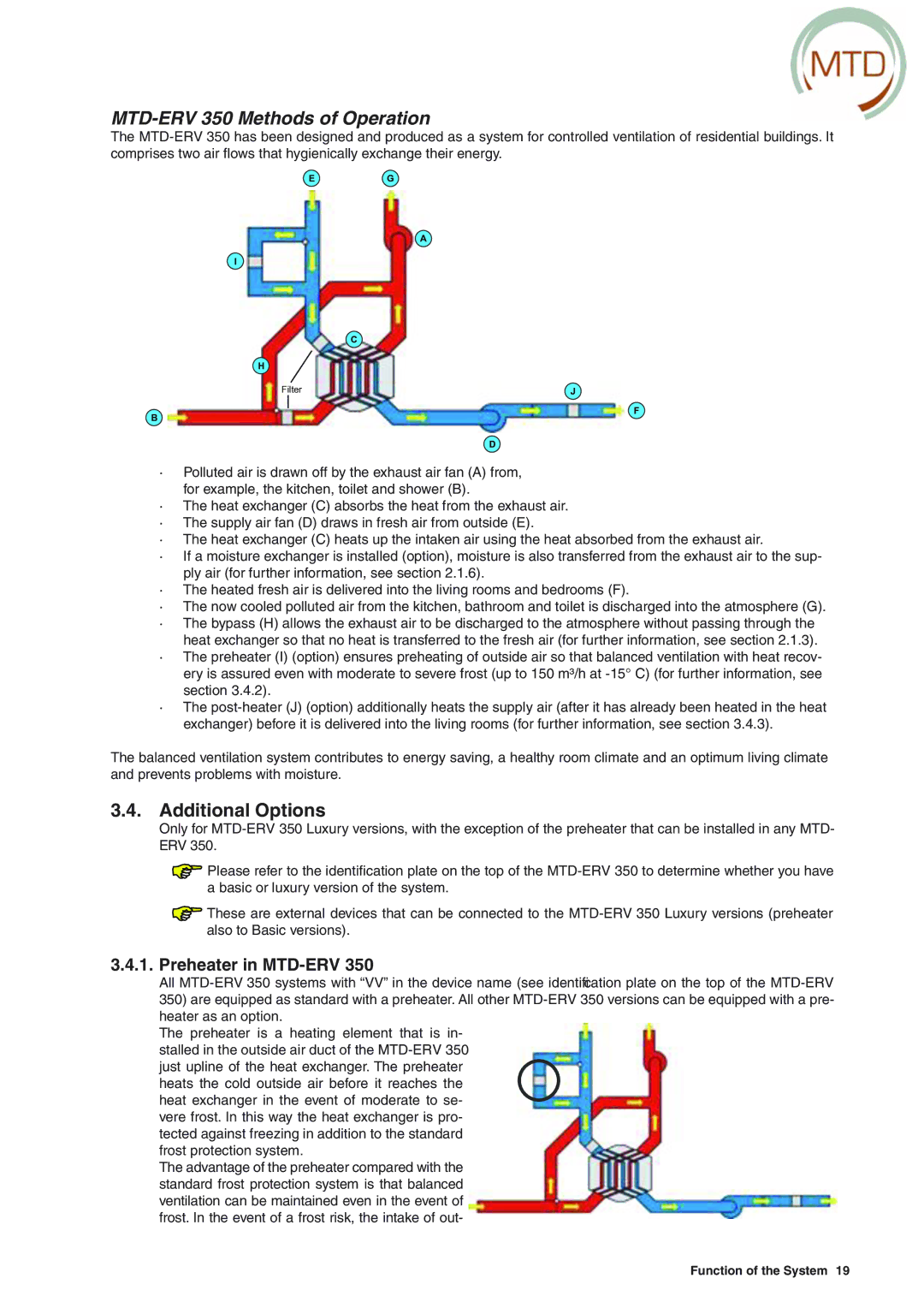 MTD ERV 365 manual MTD-ERV 350 Methods of Operation, Additional Options, Preheater in MTD-ERV 