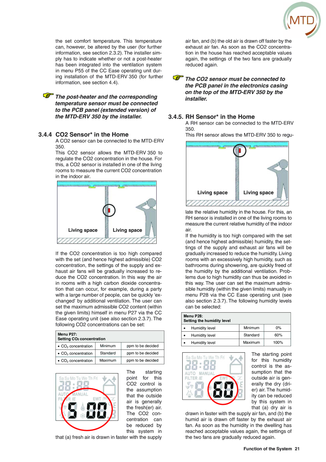 MTD ERV 350, ERV 365 manual 4 CO2 Sensor* in the Home, RH Sensor* in the Home 