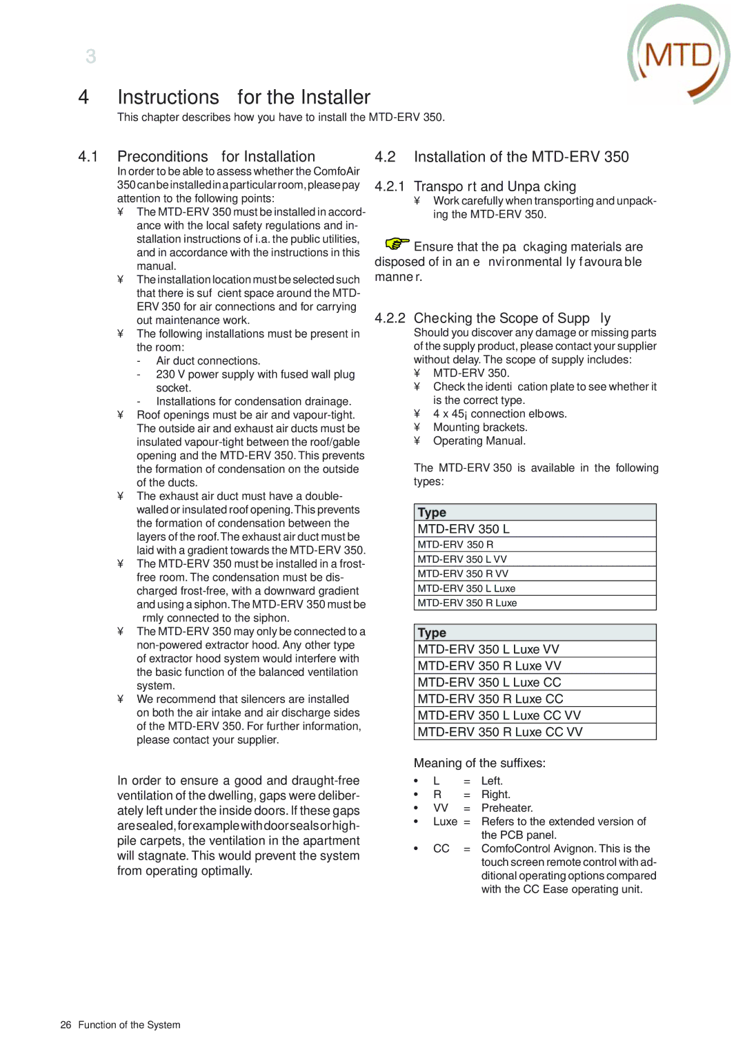 MTD ERV 365, ERV 350 manual Preconditions for Installation, Installation of the MTD-ERV, Transport and Unpacking 