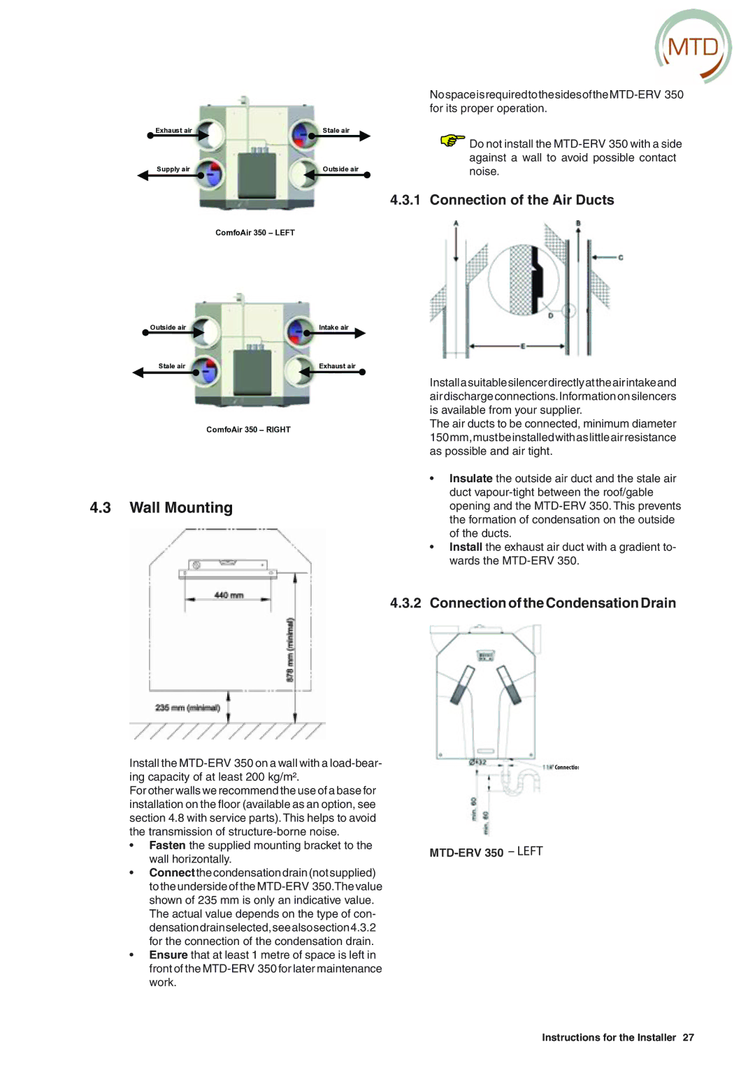 MTD ERV 350, ERV 365 manual Wall Mounting, Connection of the Air Ducts, Connection of the Condensation Drain 