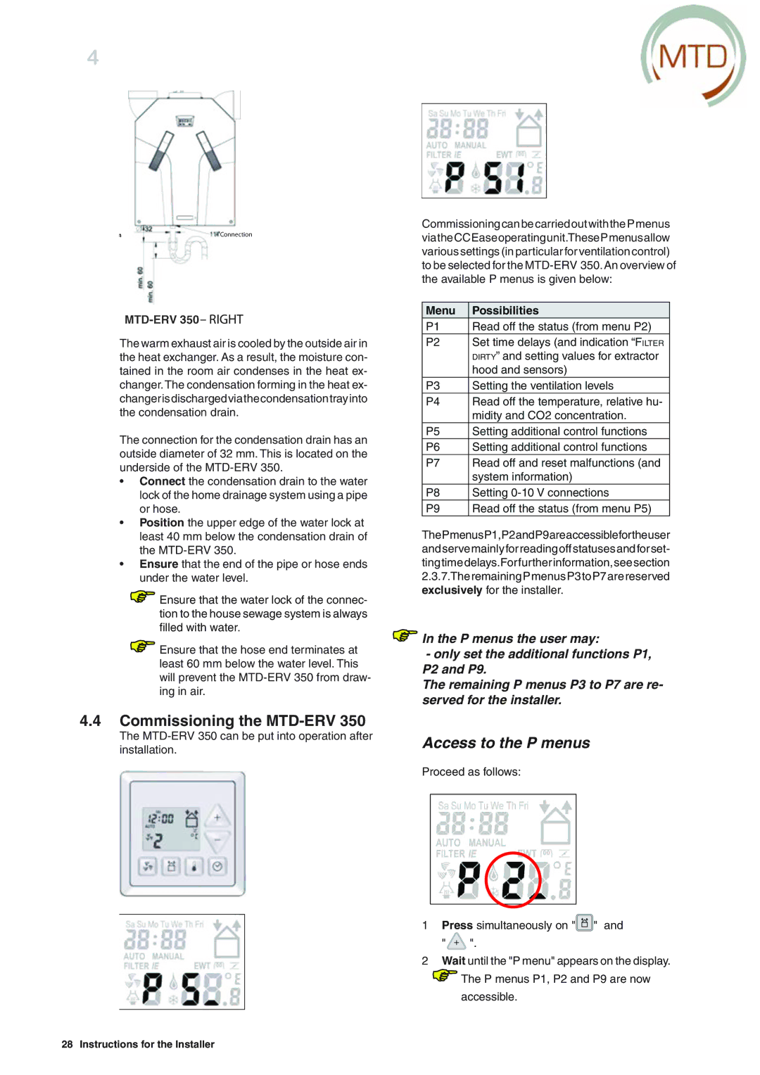 MTD ERV 365 manual Commissioning the MTD-ERV, MTD-ERV 350 Right 