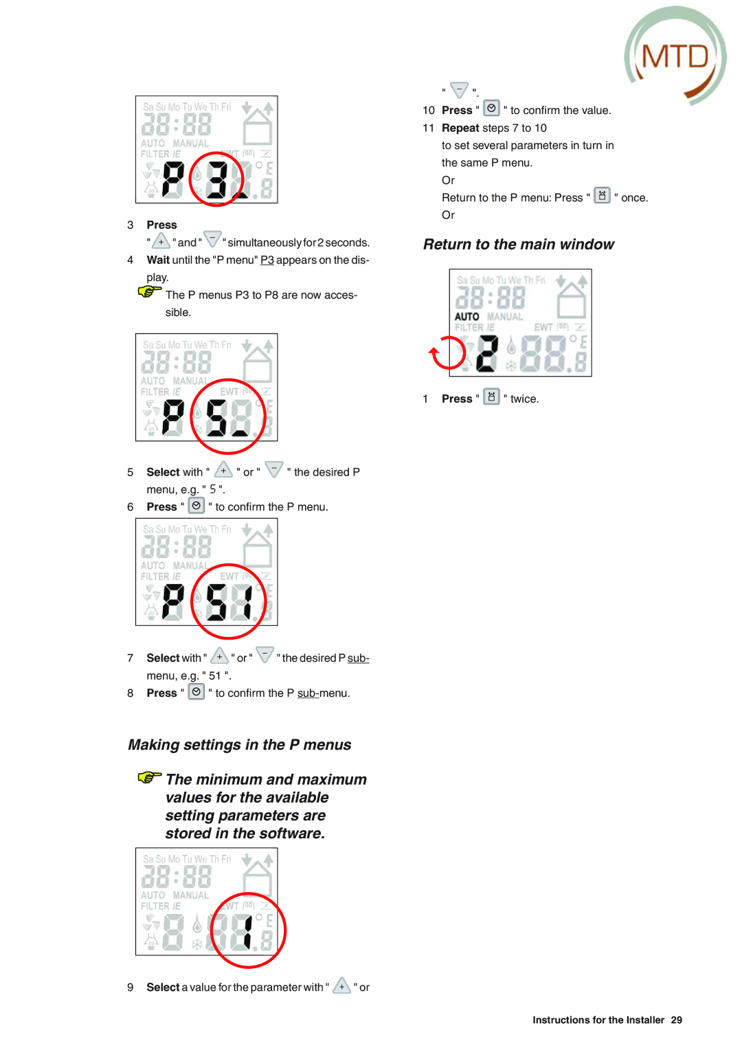 MTD ERV 350, ERV 365 manual Select a value for the parameter with or 