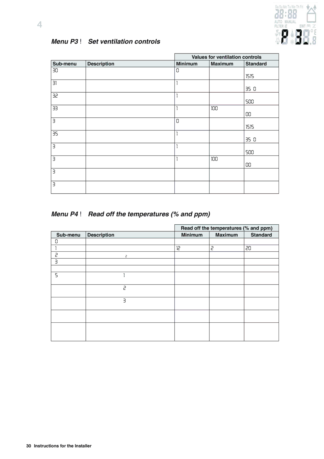 MTD ERV 365, ERV 350 manual Menu P3 ! Set ventilation controls, Menu P4 ! Read off the temperatures % and ppm 