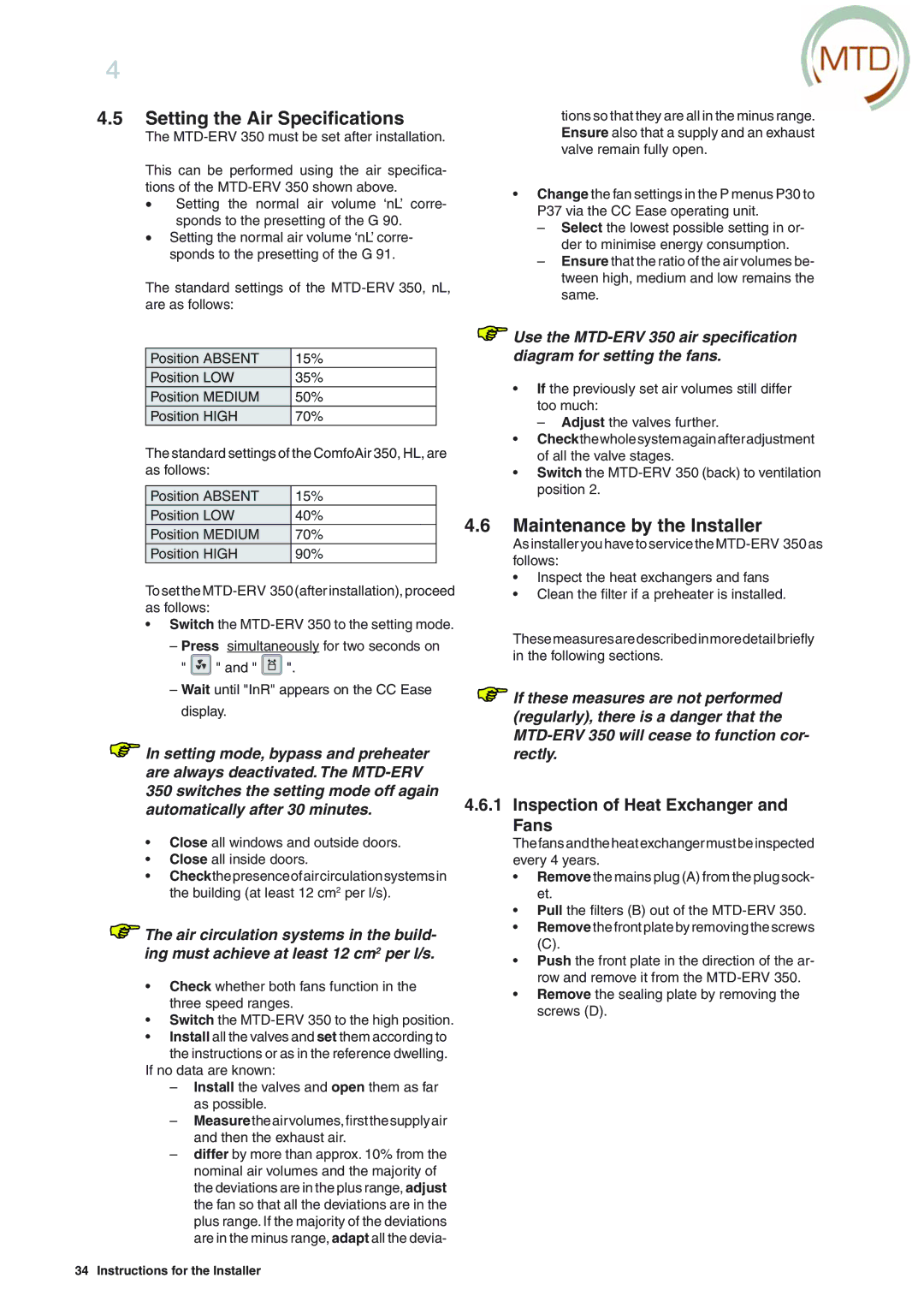 MTD ERV 365, ERV 350 Setting the Air Speciﬁcations, Maintenance by the Installer, Inspection of Heat Exchanger and Fans 