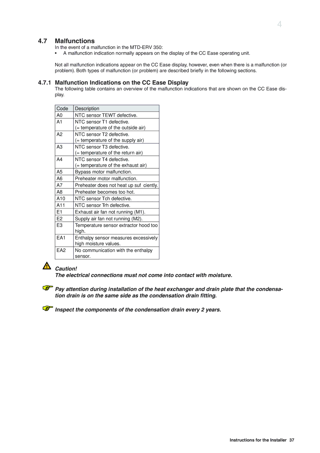 MTD ERV 350, ERV 365 manual Malfunction Indications on the CC Ease Display, Code Description 