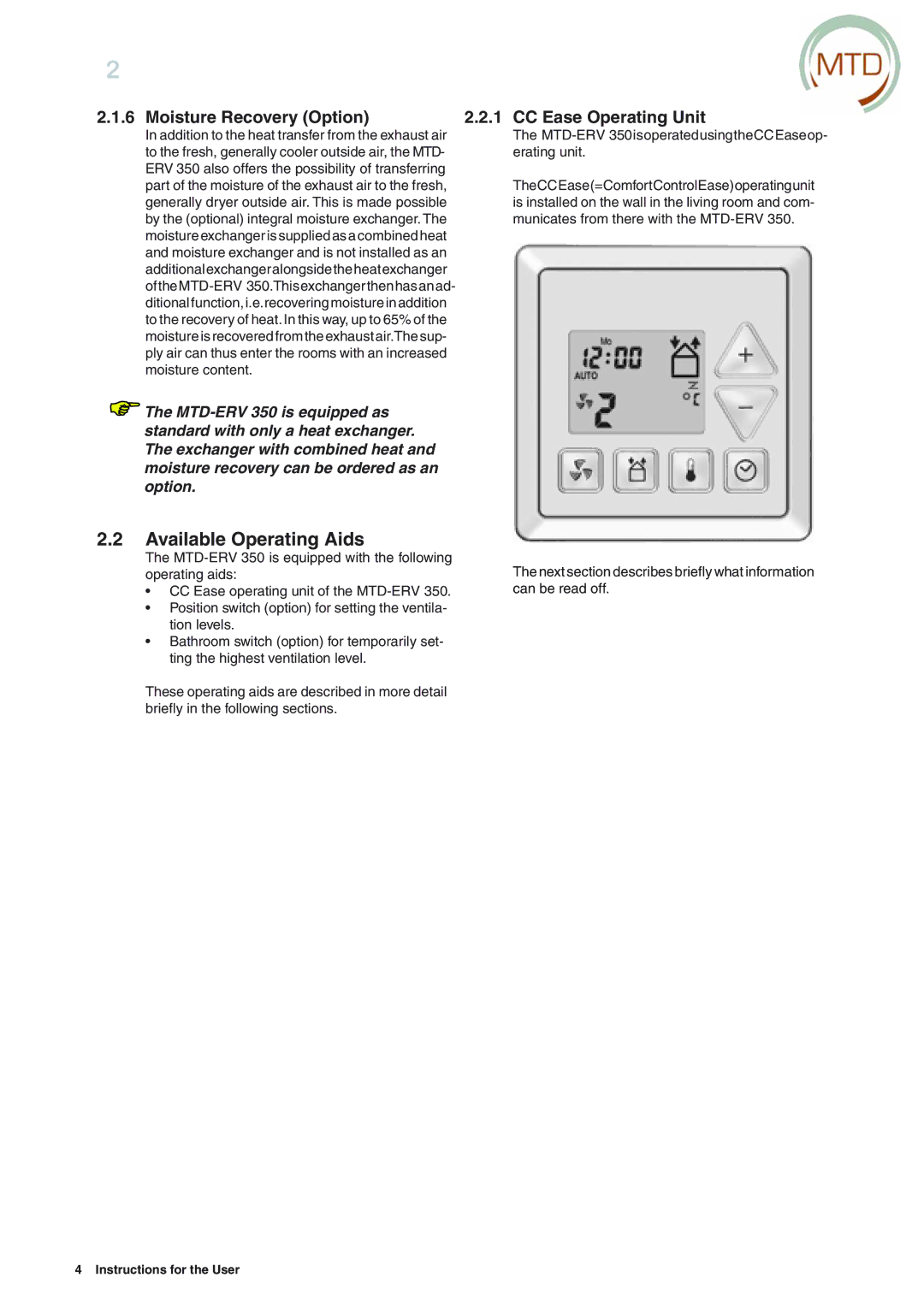 MTD ERV 365, ERV 350 manual Available Operating Aids, Moisture Recovery Option, CC Ease Operating Unit 