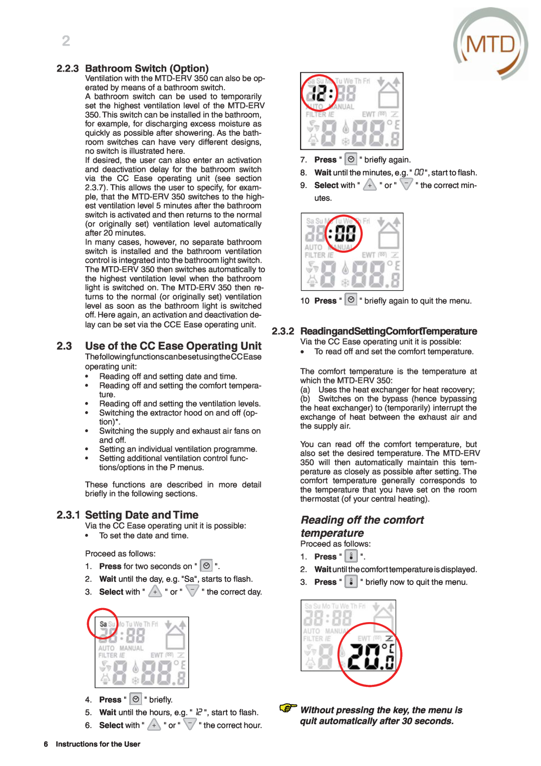 MTD ERV 365, ERV 350 manual Use of the CC Ease Operating Unit, Setting Date and Time, Reading off the comfort temperature 