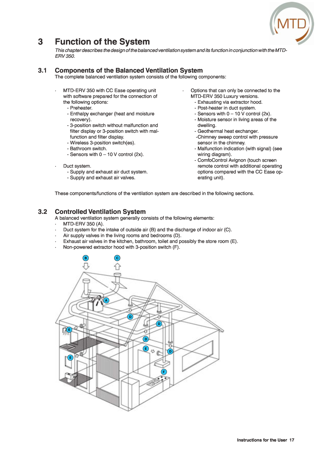 MTD ERV 350, ERV 365 Function of the System, Components of the Balanced Ventilation System, Controlled Ventilation System 