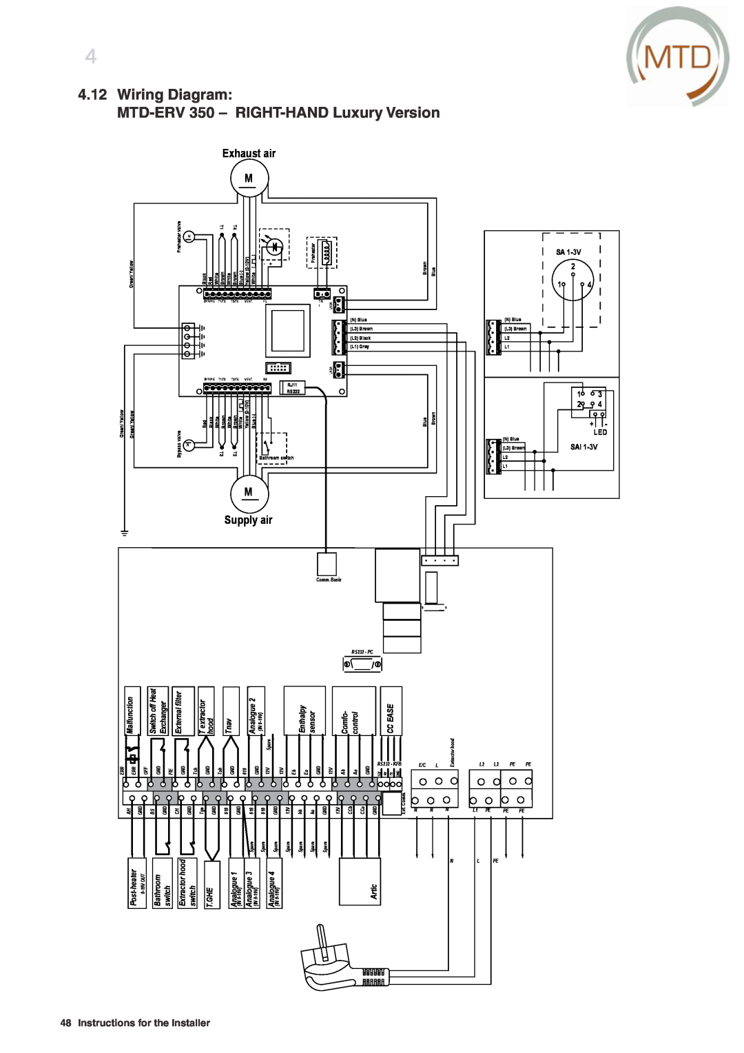 MTD ERV 365 manual Wiring Diagram MTD-ERV 350 - RIGHT-HAND Luxury Version, Exhaust air M, M Supply air, + Led 