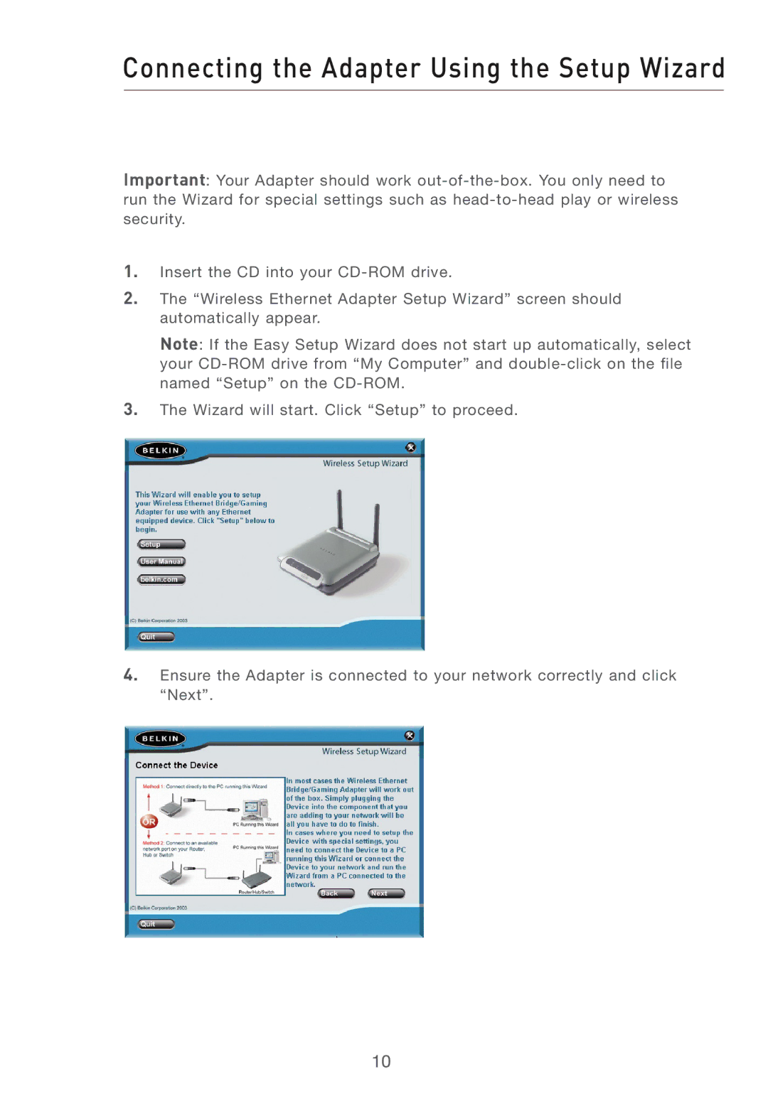 MTD F5D7330UK manual Connecting the Adapter Using the Setup Wizard 