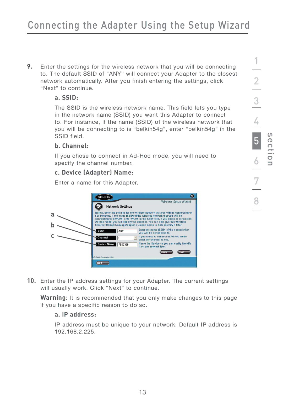 MTD F5D7330UK manual Ssid, Channel, Device Adapter Name, IP address 