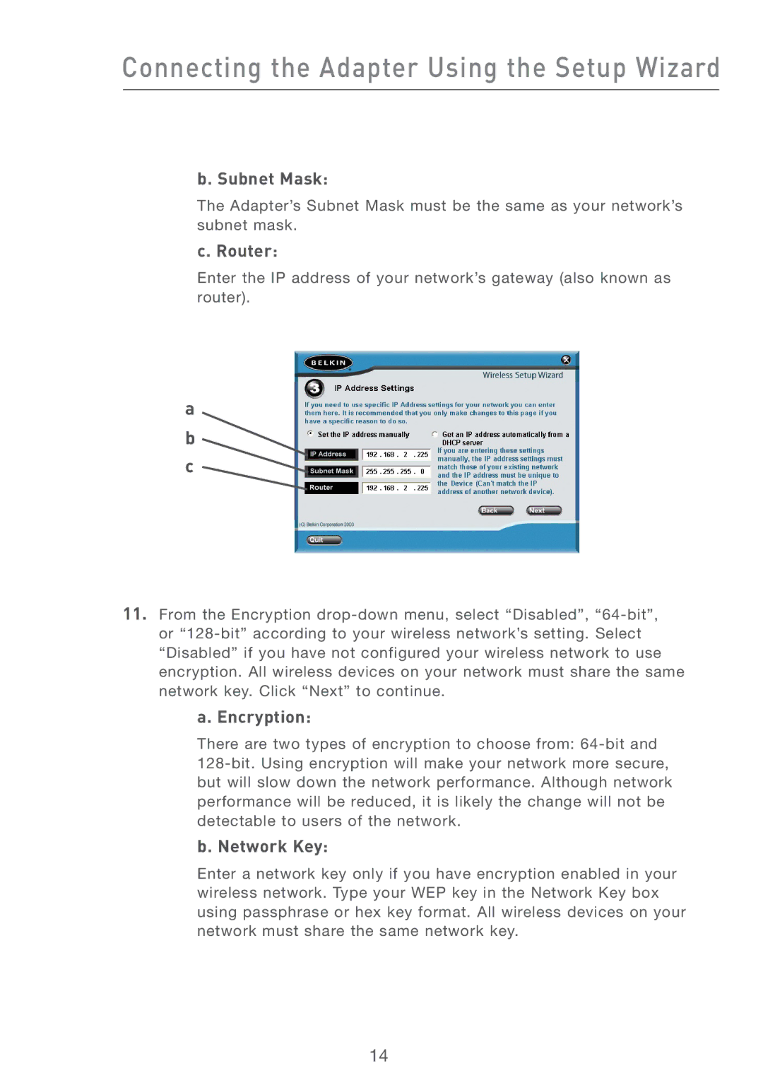 MTD F5D7330UK manual Subnet Mask, Router, Encryption, Network Key 