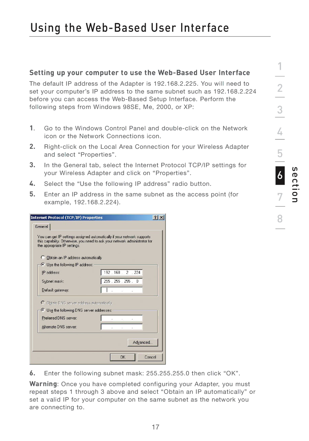 MTD F5D7330UK manual Using the Web-Based User Interface, Setting up your computer to use the Web-Based User Interface 