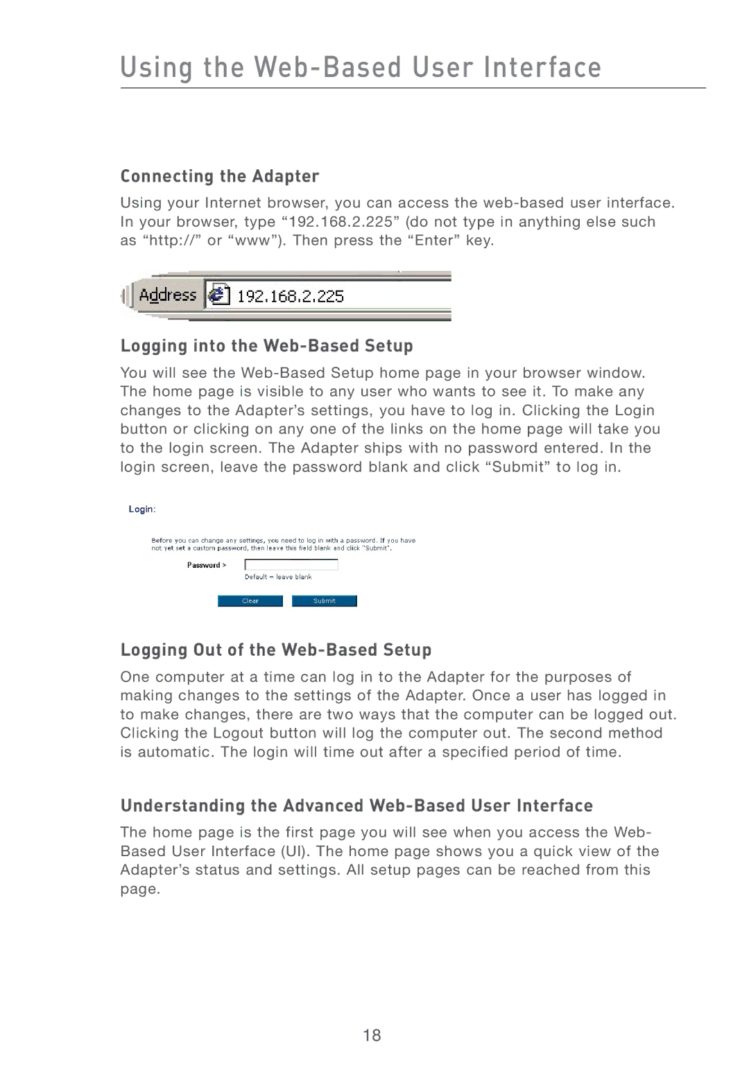 MTD F5D7330UK manual Connecting the Adapter Logging into the Web-Based Setup, Logging Out of the Web-Based Setup 