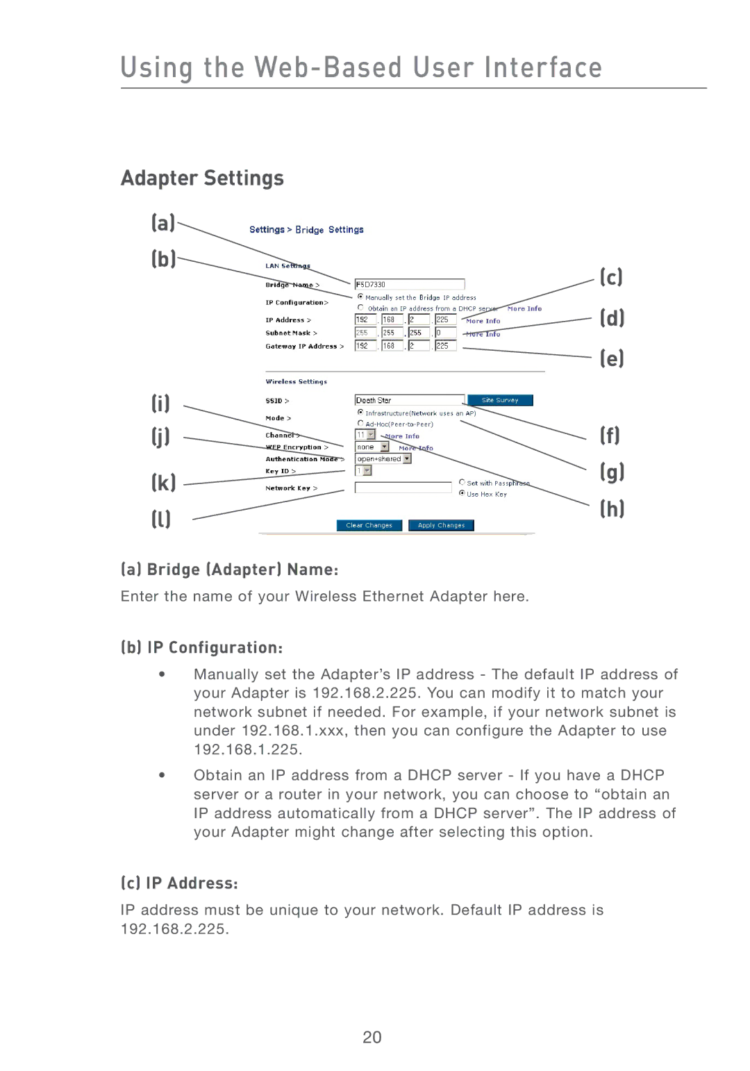 MTD F5D7330UK manual Adapter Settings, Bridge Adapter Name, IP Configuration 