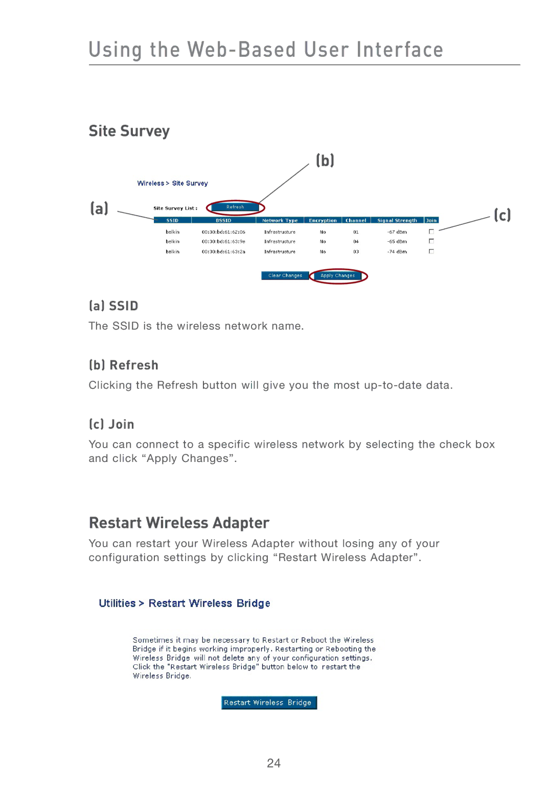 MTD F5D7330UK manual Site Survey, Restart Wireless Adapter, Ssid, Refresh, Join 