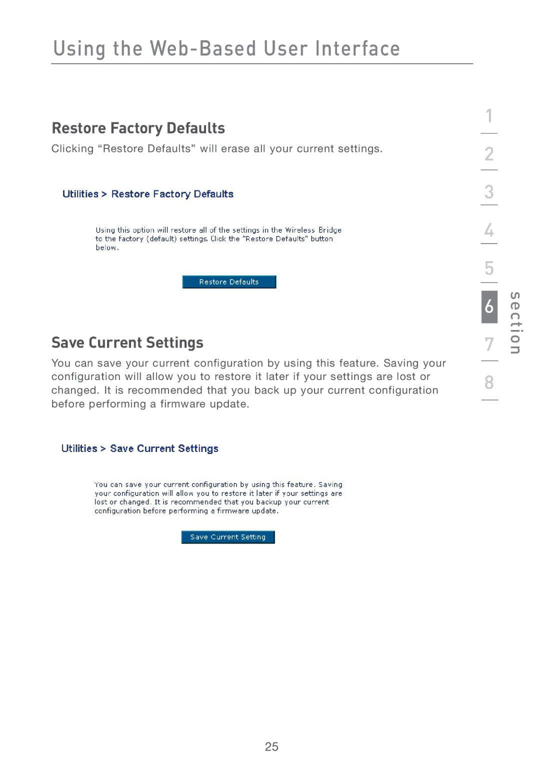 MTD F5D7330UK manual Restore Factory Defaults, Save Current Settings 