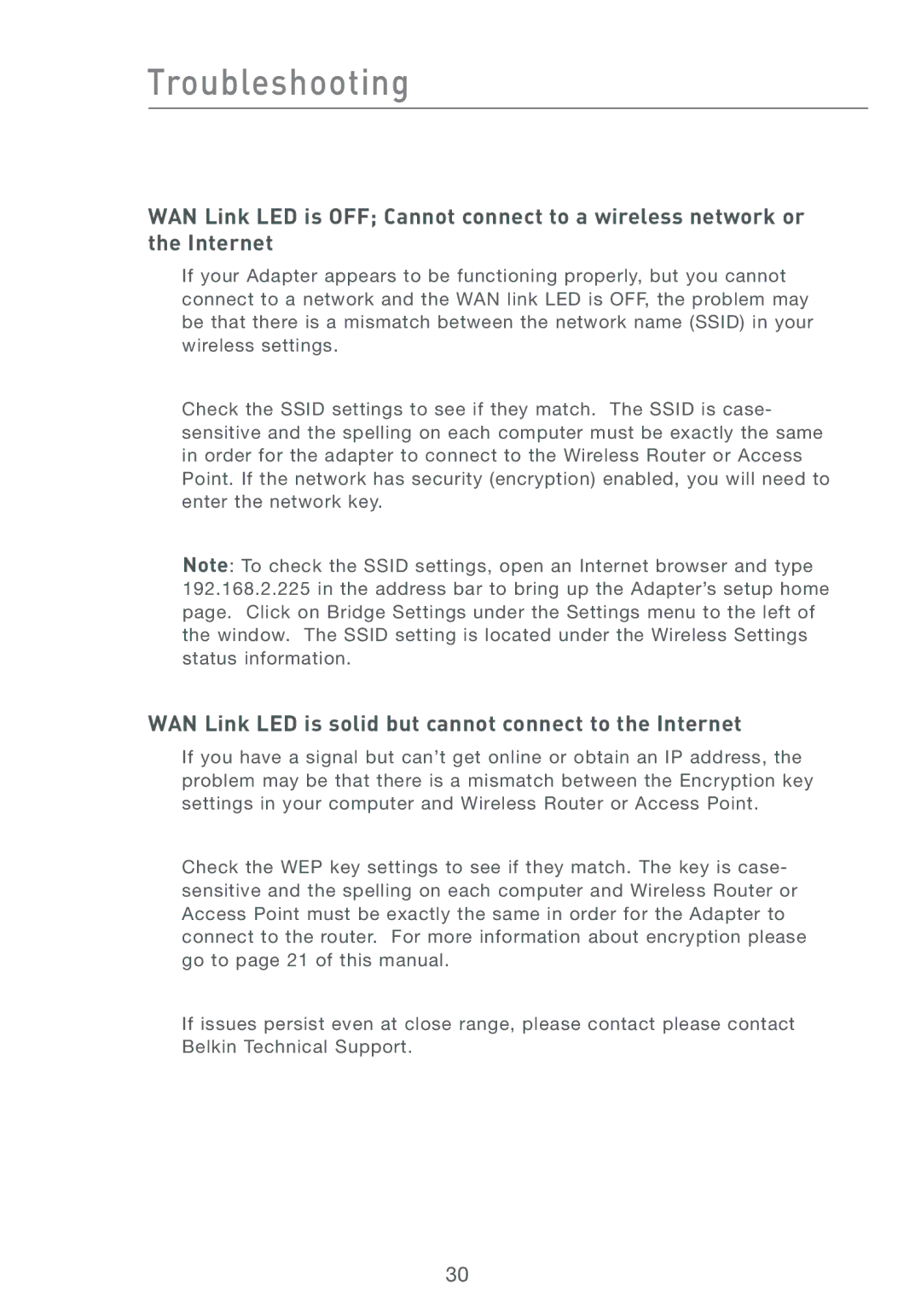 MTD F5D7330UK manual Troubleshooting, WAN Link LED is solid but cannot connect to the Internet 