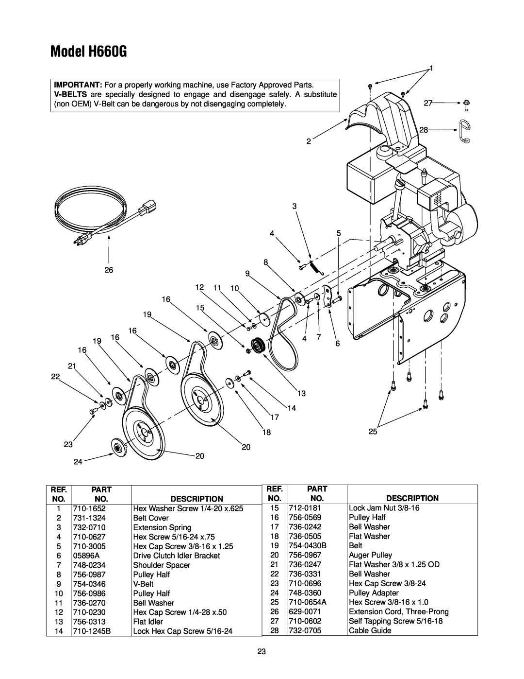 MTD manual Model H660G, Part, Description 