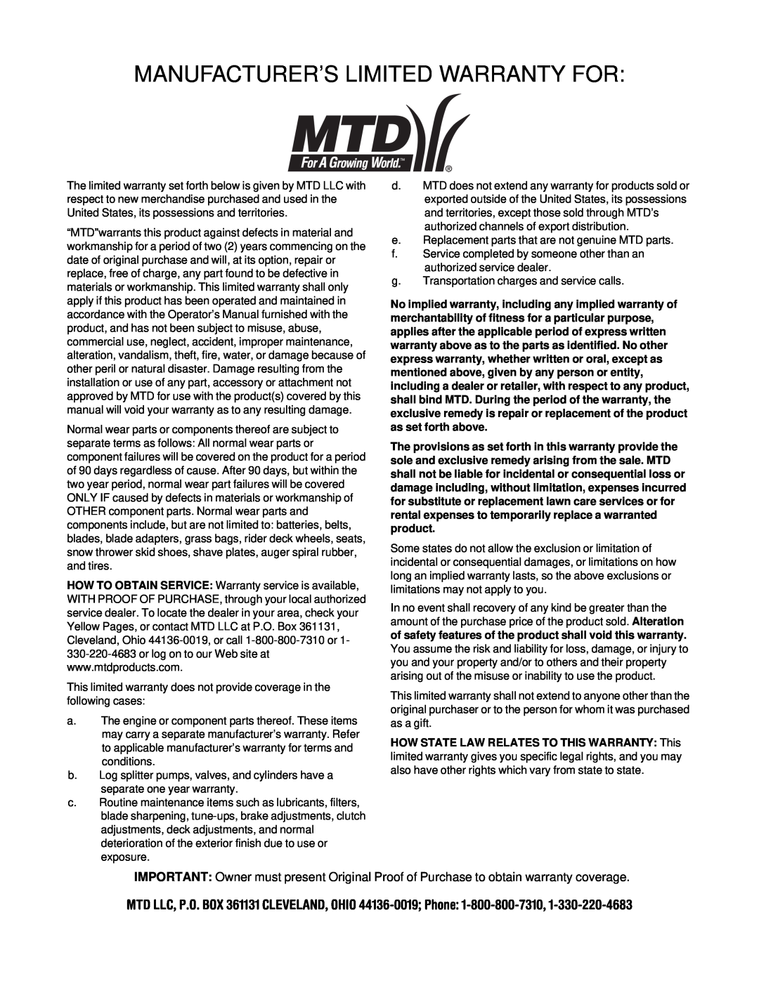 MTD H660G manual Manufacturer’S Limited Warranty For 