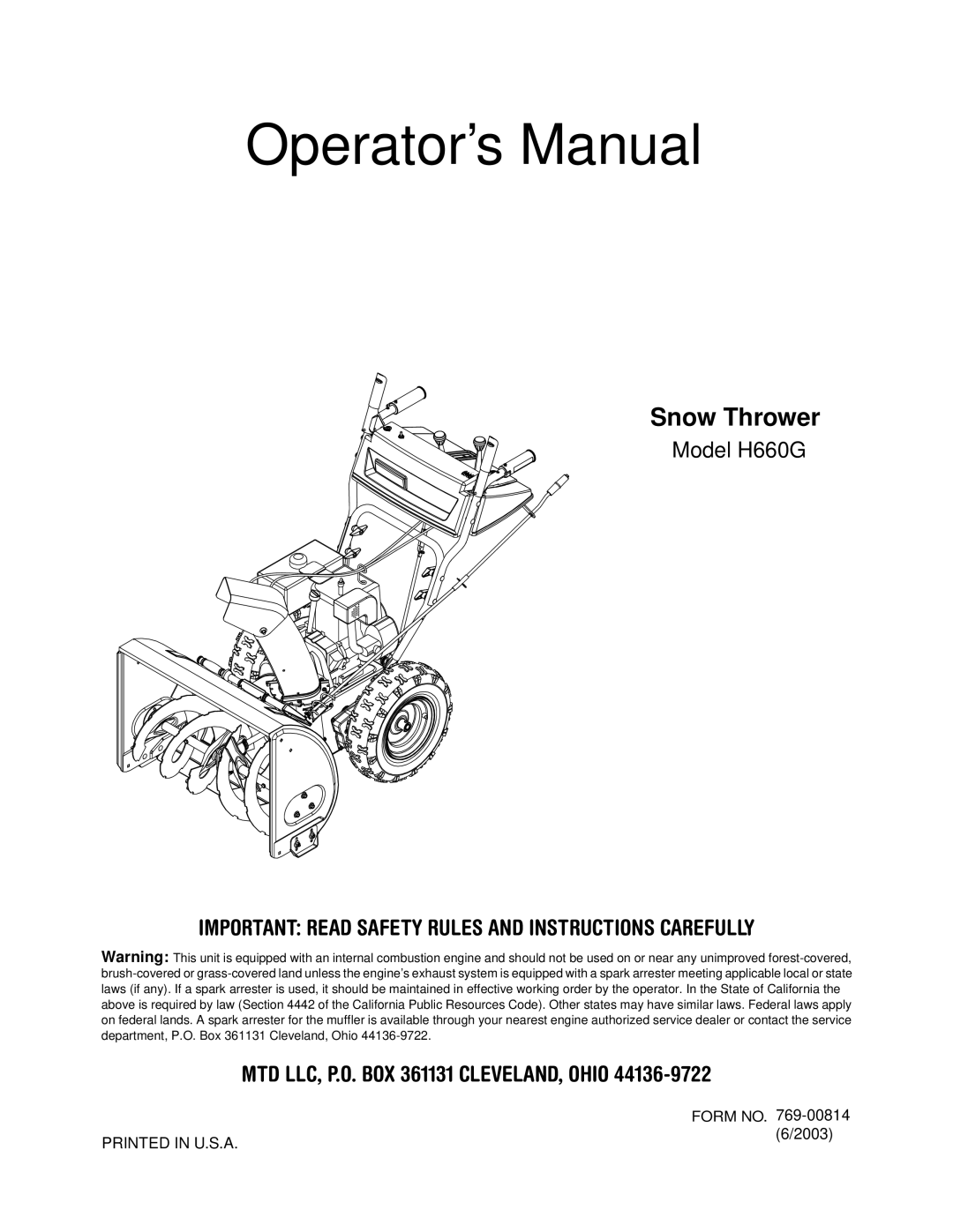 MTD H660G manual Operator’s Manual 