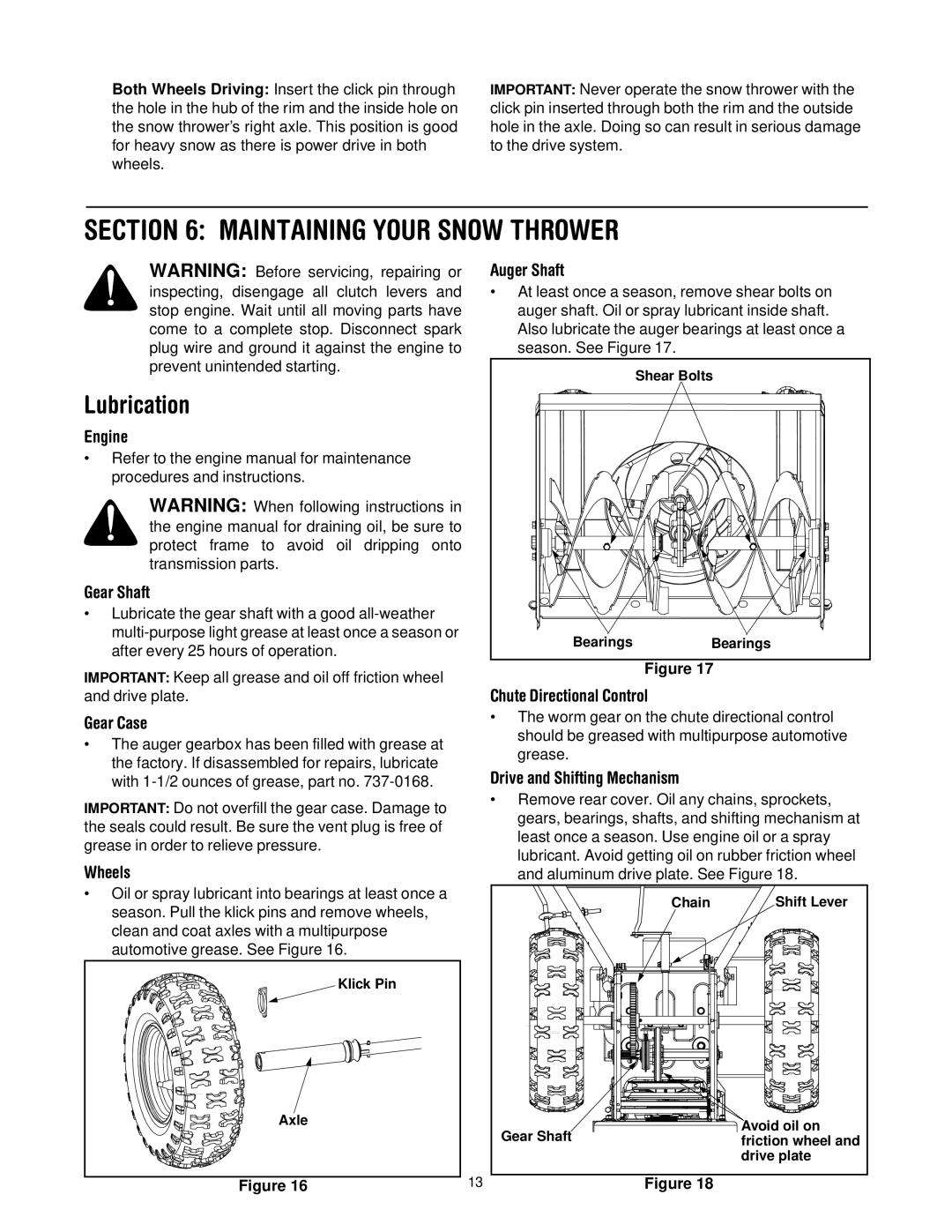 MTD H660G manual Maintaining Your Snow Thrower, Lubrication 