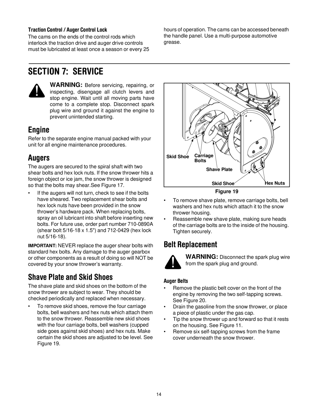 MTD H660G manual Service, Engine, Augers, Belt Replacement Shave Plate and Skid Shoes 