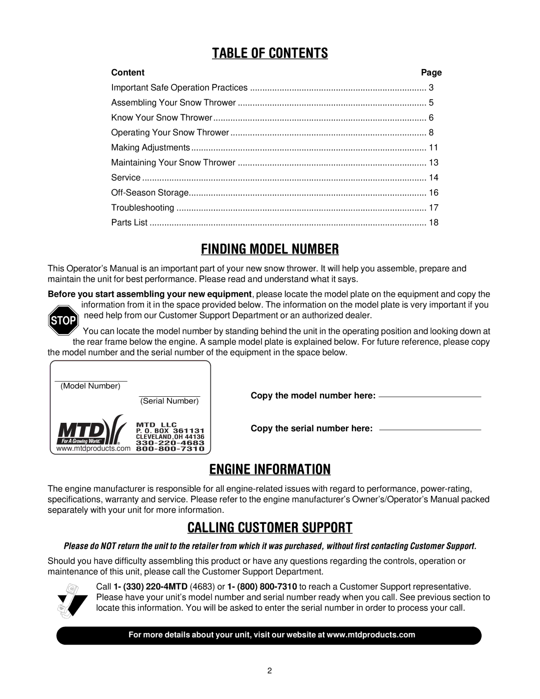 MTD H660G manual Table of Contents 