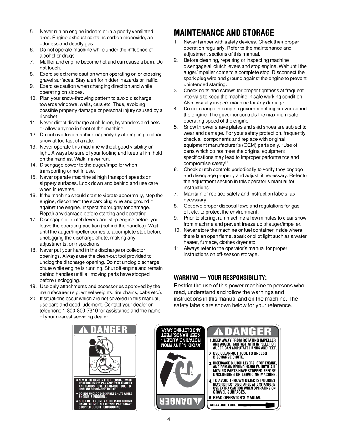 MTD H660G manual Maintenance and Storage 