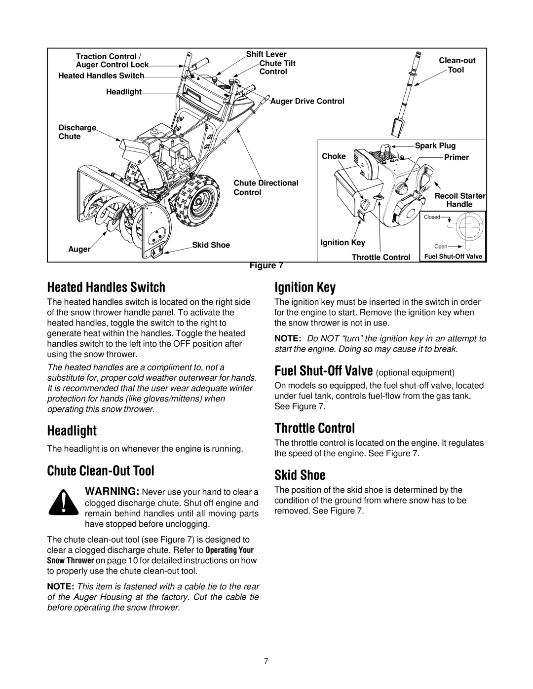 MTD H660G Heated Handles Switch, Ignition Key, Fuel Shut-Off Valve optional equipment, Headlight, Chute Clean-Out Tool 