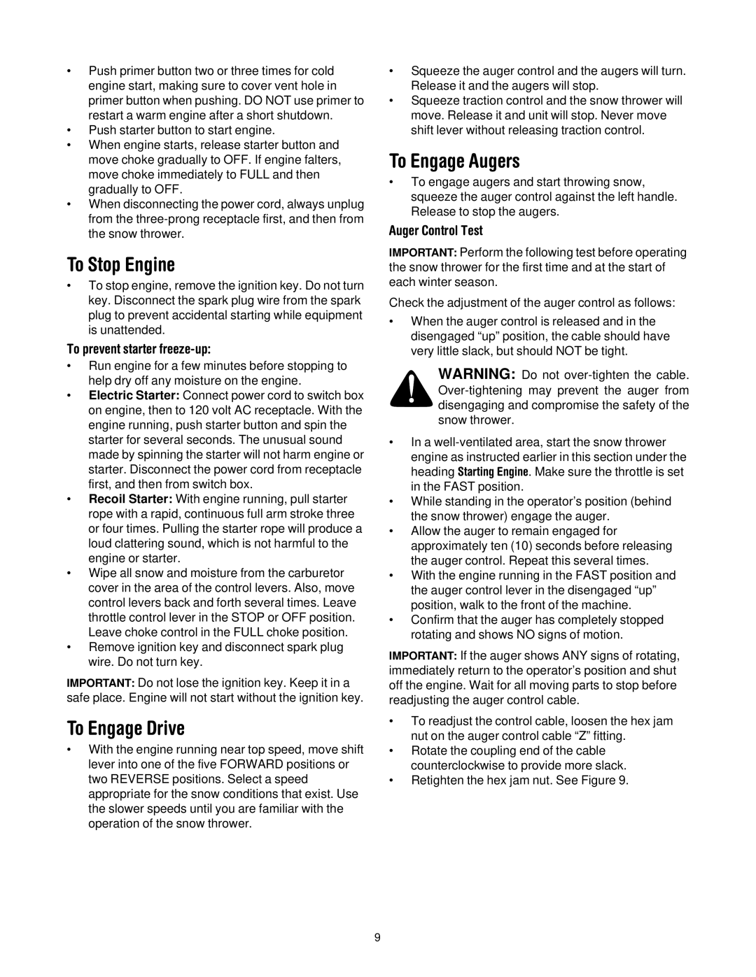 MTD H660G manual To Stop Engine, To Engage Drive, To Engage Augers, To prevent starter freeze-up, Auger Control Test 