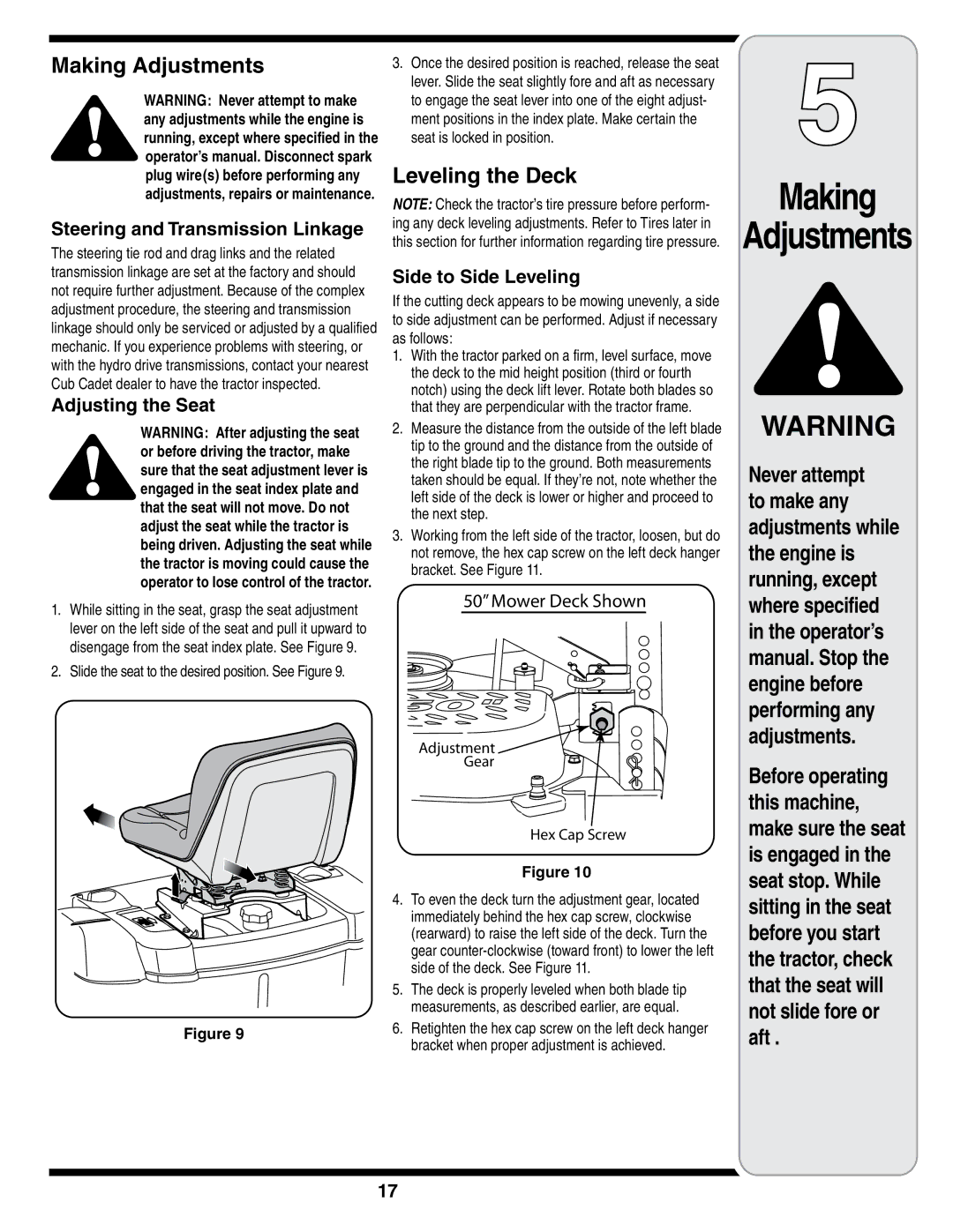 MTD i1046, i1050 warranty Making Adjustments, Leveling the Deck 