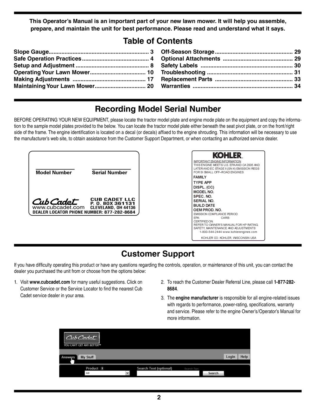 MTD i1046, i1050 warranty Table of Contents 