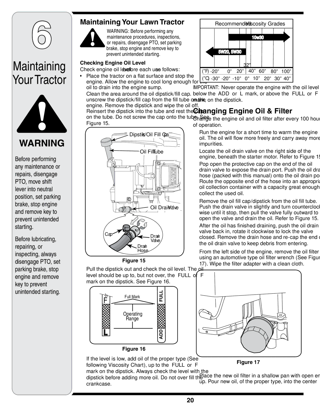 MTD i1046, i1050 warranty Maintaining Your Lawn Tractor, Changing Engine Oil & Filter, Checking Engine Oil Level, Operating 