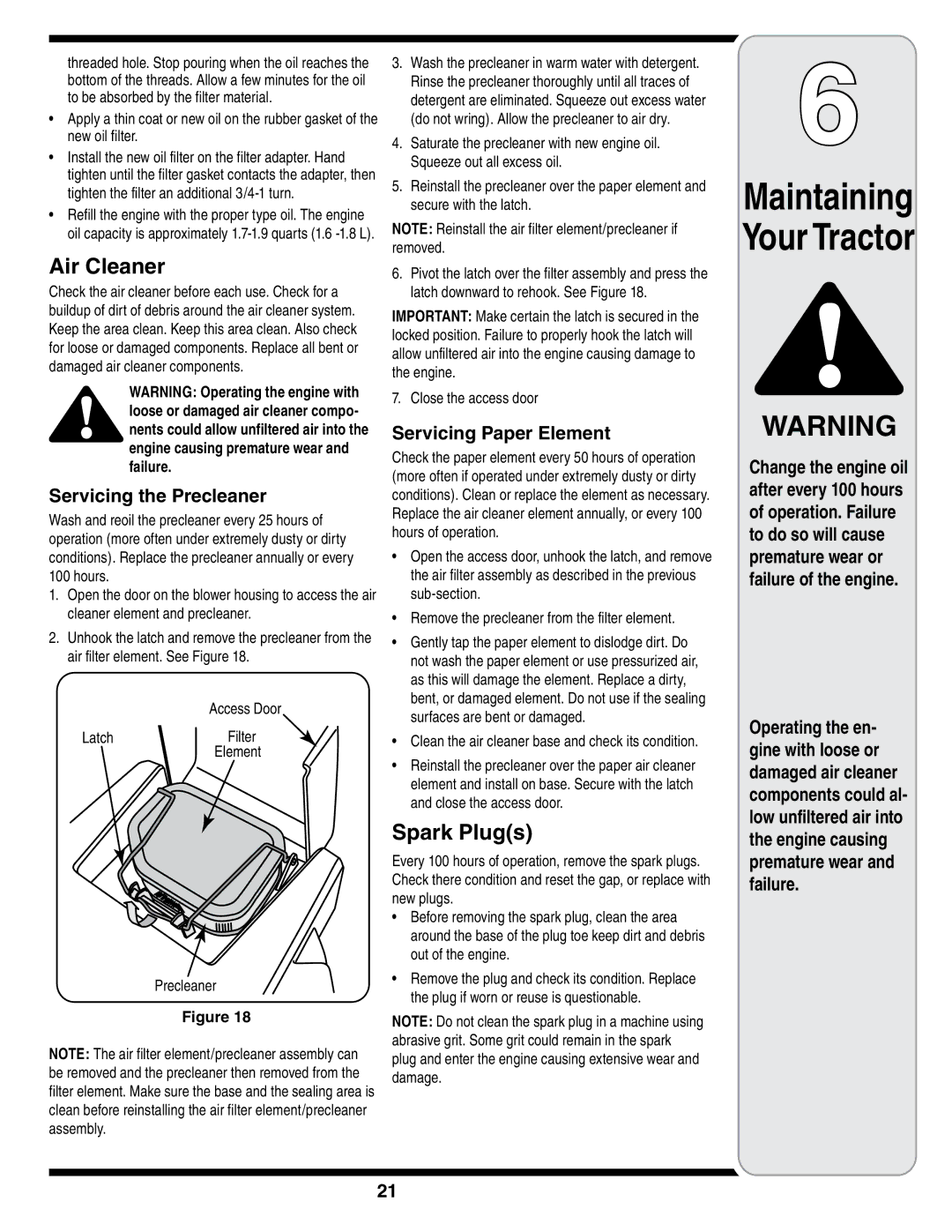 MTD i1046, i1050 warranty Air Cleaner, Spark Plugs, Servicing the Precleaner, Servicing Paper Element 