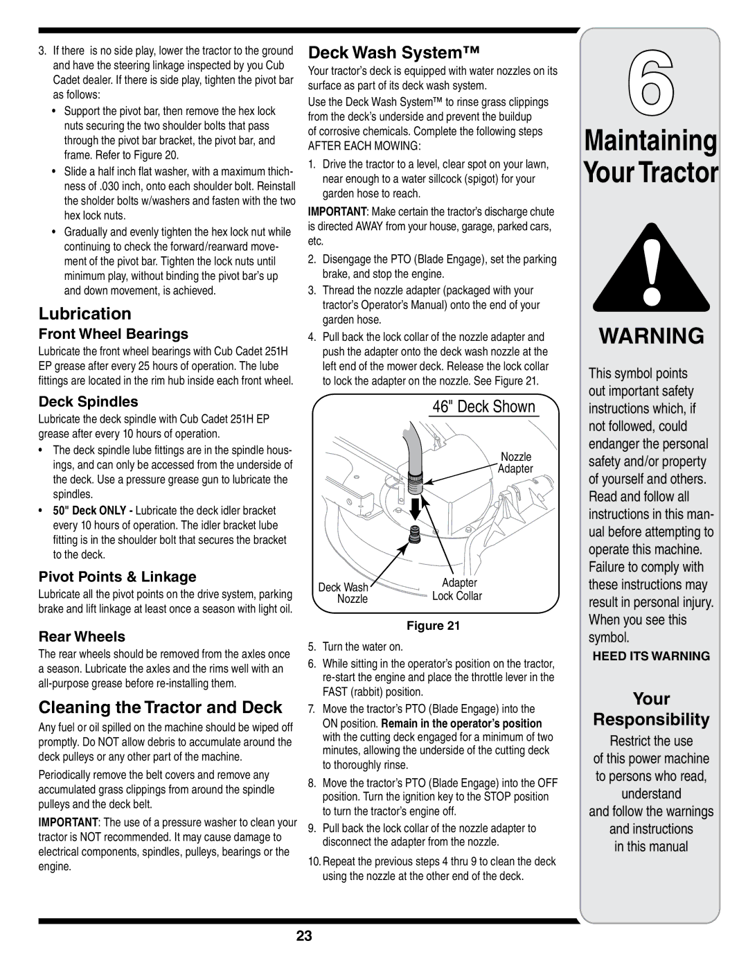 MTD i1046, i1050 warranty Lubrication, Deck Wash System, Cleaning the Tractor and Deck 