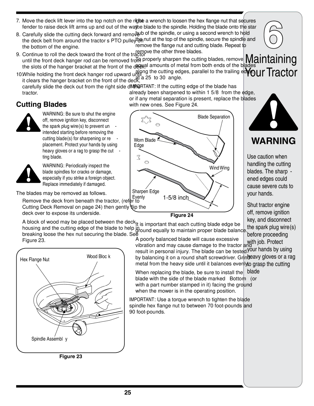 MTD i1046, i1050 warranty Cutting Blades, Blades may be removed as follows, Hex Flange Nut, Spindle Assembly, inch 