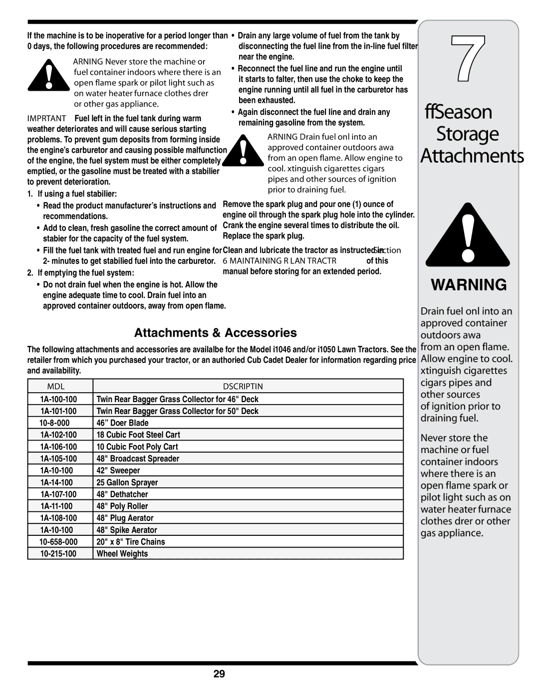 MTD i1046, i1050 warranty Off-Season Storage, Attachments & Accessories, Drain fuel only into an approved container 