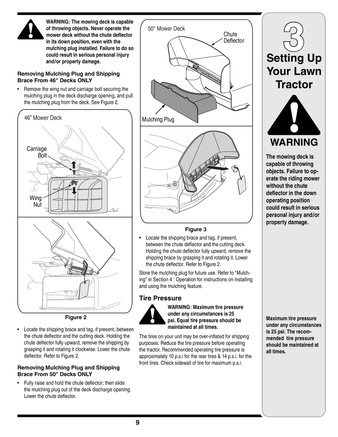 MTD i1046, i1050 warranty Tire Pressure, Throwing objects. Never operate, Its down position, even with 