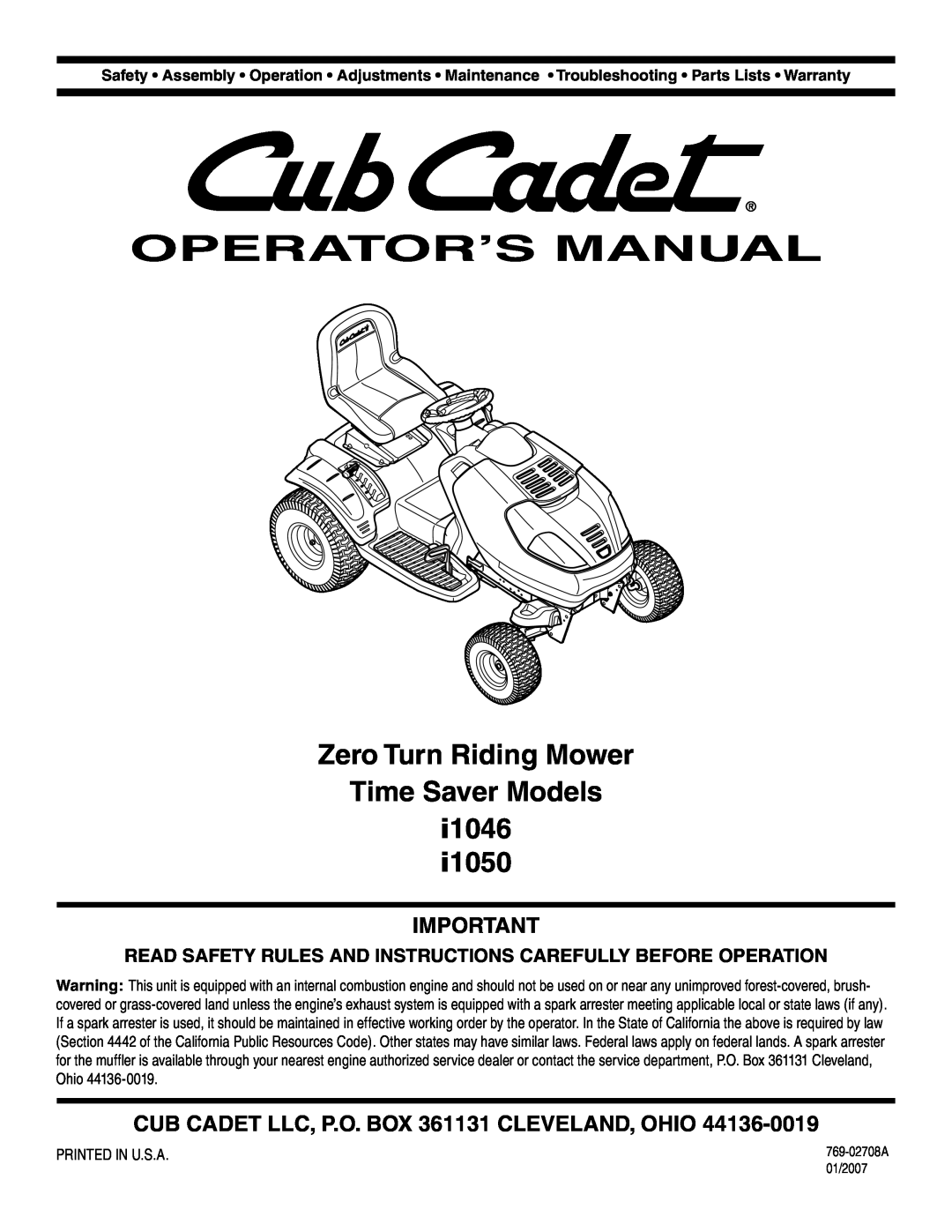 MTD i1046, i1050 warranty Zero Turn Riding Mower Time Saver Models i1046, CUB CADET LLC, P.O. BOX 361131 CLEVELAND, OHIO 