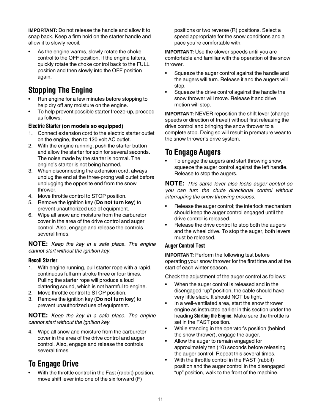 MTD L-Style manual Stopping The Engine, To Engage Drive, To Engage Augers, Auger Control Test 