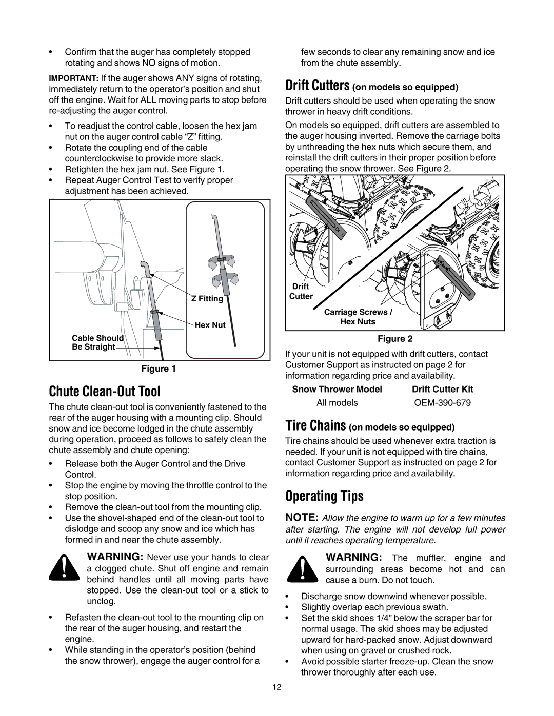 MTD L-Style manual Chute Clean-Out Tool, Operating Tips, Drift Cutters on models so equipped, Drift Cutter Kit 